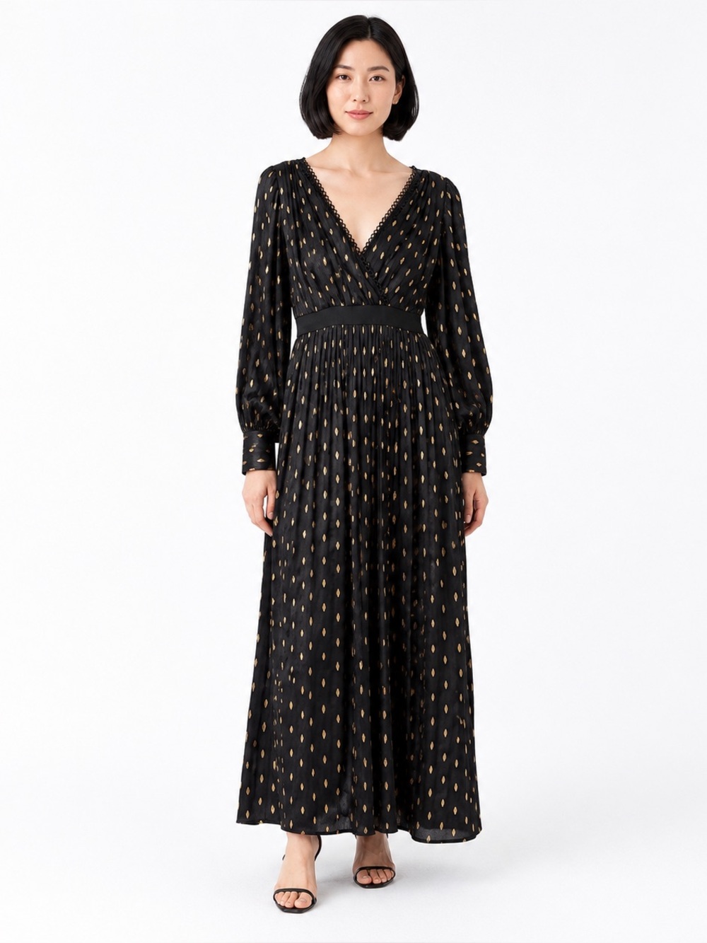 Little‎ Mistress Black & Gold Foil Leaf Pleated Maxi Dress UK 8 US 4 NWT